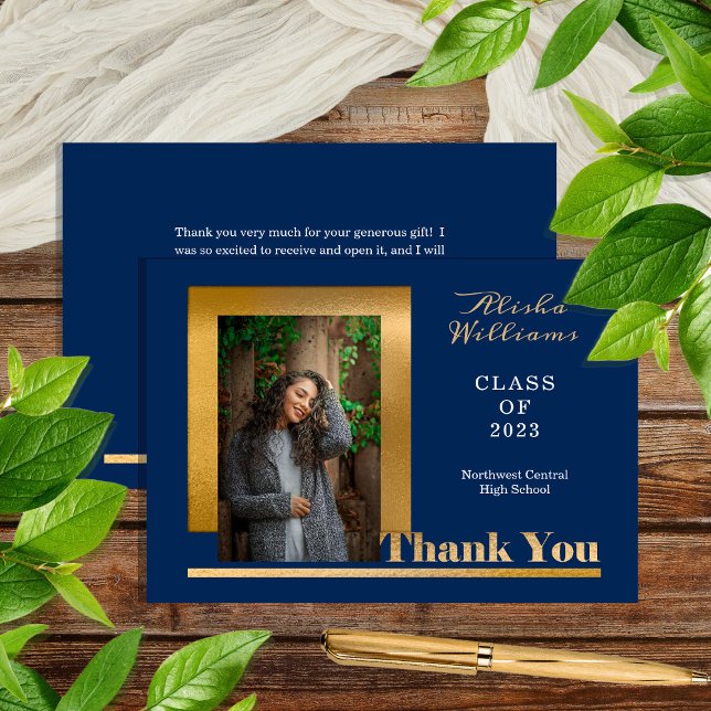 Carte De Remerciements Classy Elegant Gold Texte Gradué 1 Photo Dk Blue (Créateur téléchargé)