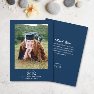 Carte De Remerciements Classy Elegant Script Navy Blue Graduation Photo