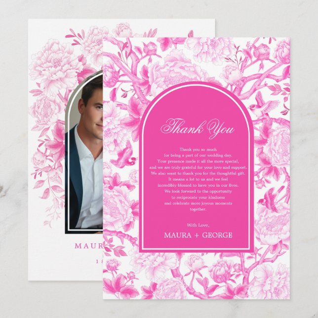Carte De Remerciements Classy Fuchsia Chinoiserie rose Mariage Photo (Devant / Derrière)