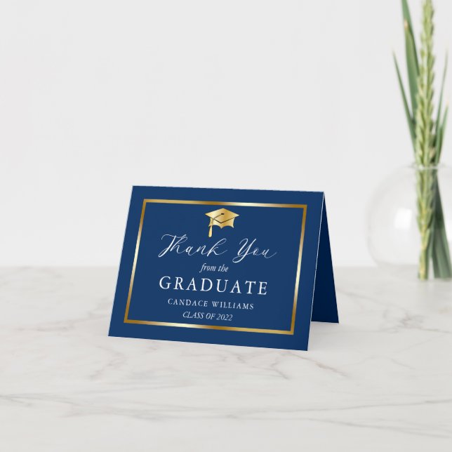 Carte De Remerciements Classy Gold Minimalist Graduation Blue (Devant)