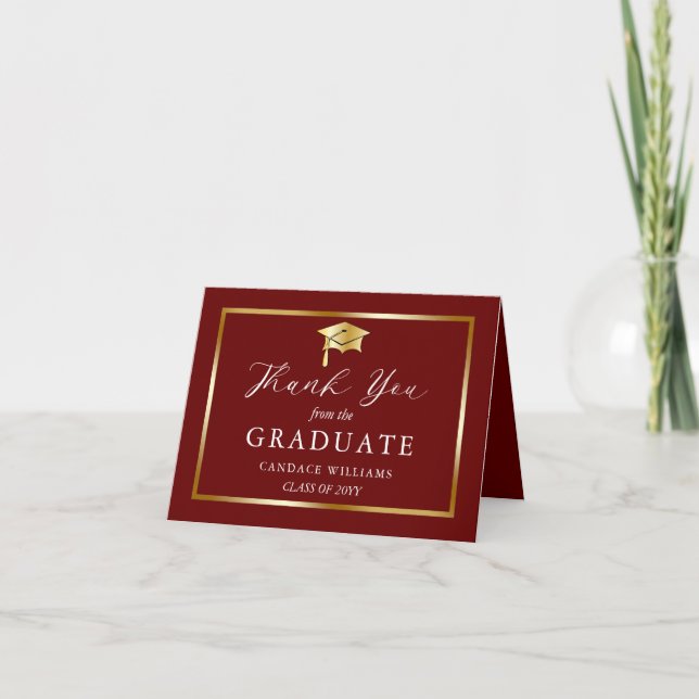 Carte De Remerciements Classy Gold Minimalist Graduation Maroon (Devant)