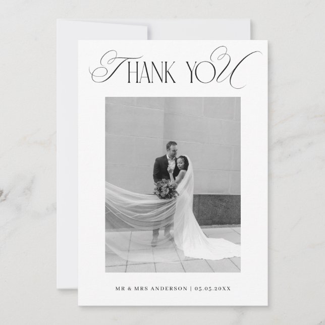Carte De Remerciements Classy Old Money Script Black White Photo Wedding (Devant)
