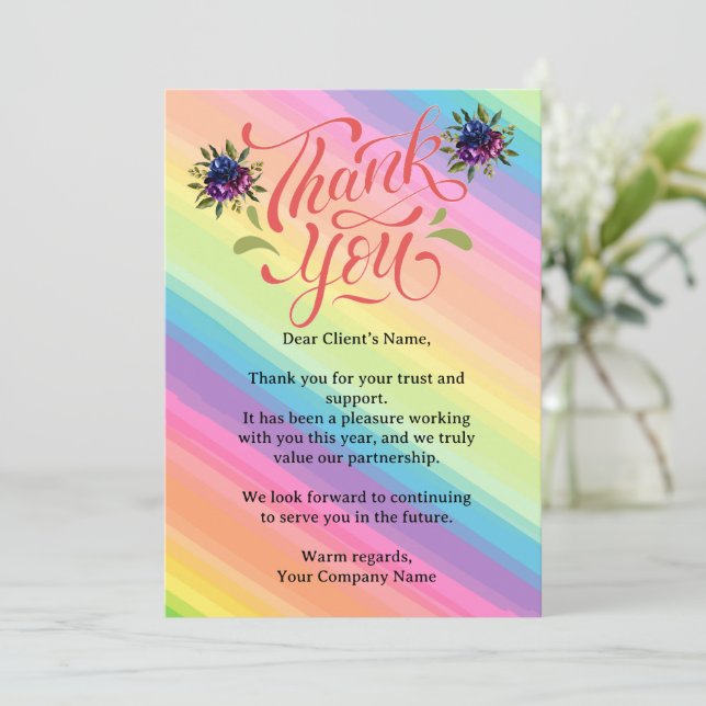 Carte De Remerciements Client Rainbow Floral Small Business personnalisé (Debout devant)