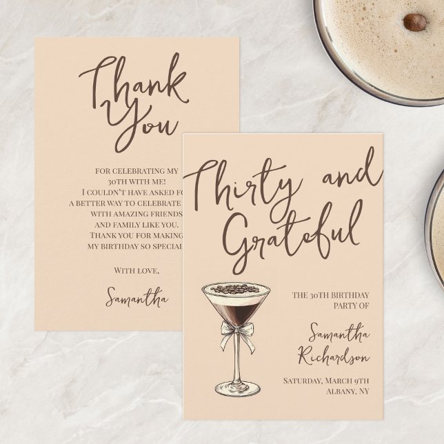 Carte De Remerciements Cocktail Trente et Grateful Espresso 30e anniversa (Thirty & Grateful Espresso Cocktail 30th Birthday Thank You Card)
