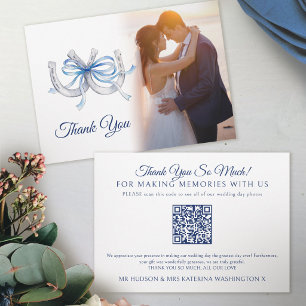 Carte De Remerciements Code QR de mariage à l'aquarelle bleue en fer à ch