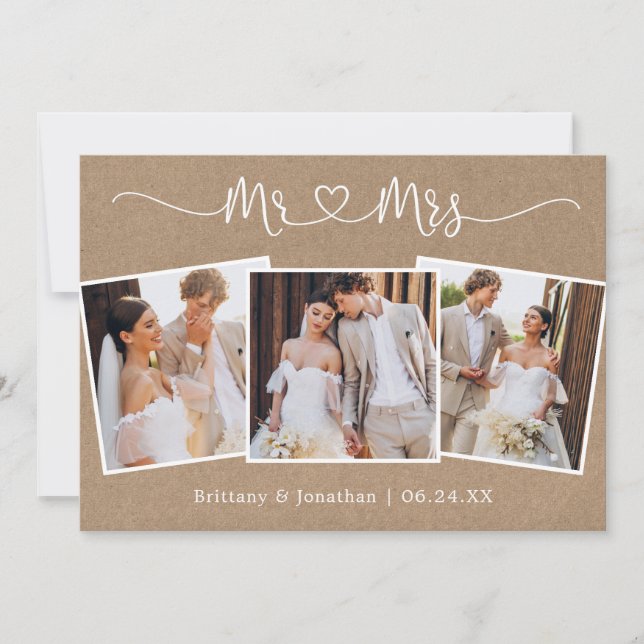 Carte De Remerciements Coeur calligraphie M. Mme Mariage 3 Photo Kraft (Devant)