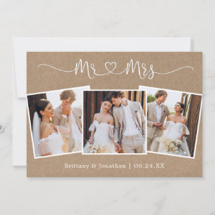 Carte De Remerciements Coeur calligraphie M. Mme Mariage 3 Photo Kraft