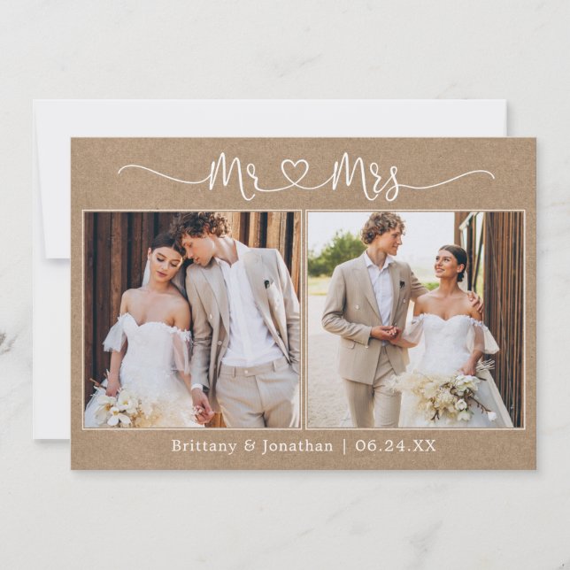 Carte De Remerciements Coeur calligraphie M. Mme Mme 2 Mariage photo Kraf (Devant)