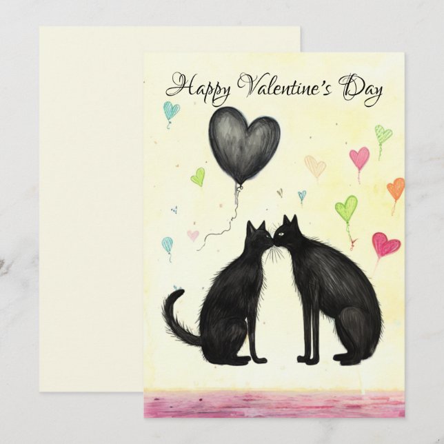 Carte De Remerciements Coeur d'Amoureux des chats noir Saint Valentin No3 (Devant / Derrière)