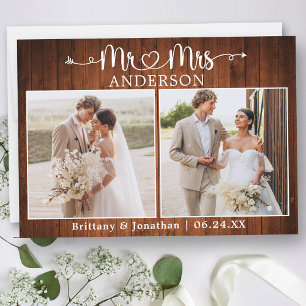 Carte De Remerciements Cœur de calligraphie M. Mme 2 Photo Mariage Bois