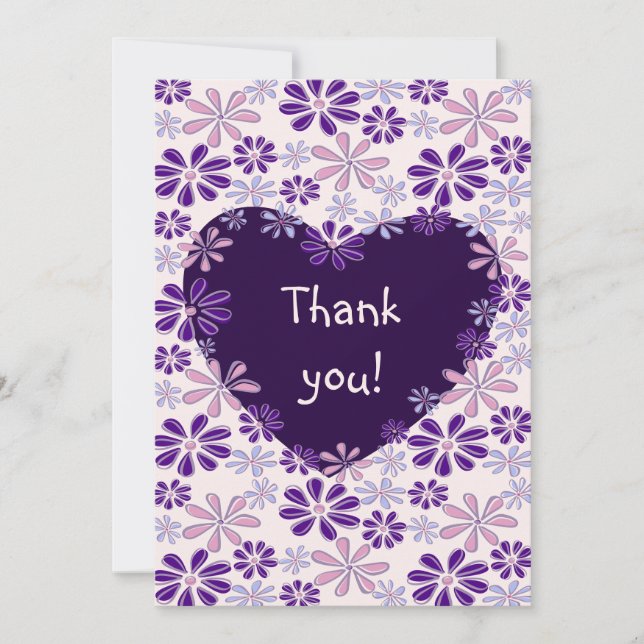 Carte De Remerciements Coeur de fleurs rose violet joueuse (Devant)