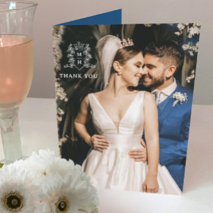 Carte De Remerciements Coeur de la couronne monogramme bleu blanc photo m