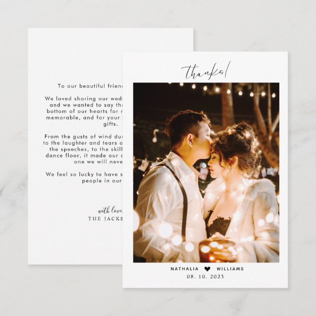 Carte De Remerciements Coeur de script minimal avec Mariage photo (Devant / Derrière)