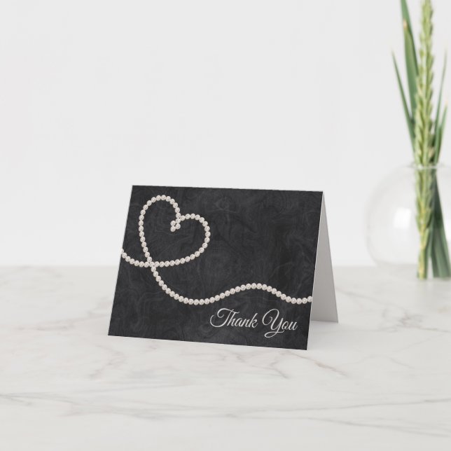 Carte De Remerciements Coeur des perles sur le Mariage noir (Devant)