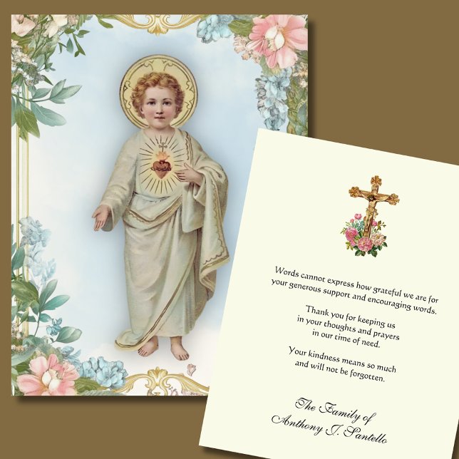 Carte De Remerciements Cœur Sacré & Crucifix Fleurs Funéraires (Créateur téléchargé)