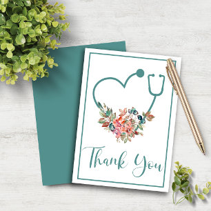 Carte De Remerciements Coeur stéthoscope turquoise Floral