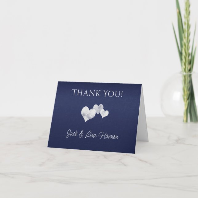 Carte De Remerciements Coeurs blancs sur le mariage élégant de la Marine (Devant)