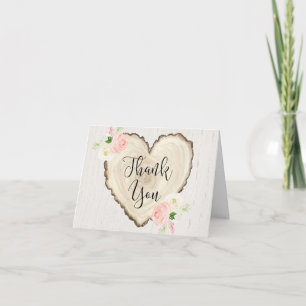 Carte De Remerciements Coeurs boisés rustiques à fleurs rose rousse