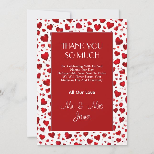 Carte De Remerciements Coeurs d'amour mignons Mariage rouge et blanc (Devant)