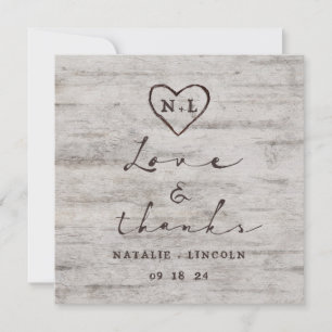 Carte De Remerciements Cœurs Gravés Mariage Amour et Remerciements Carré