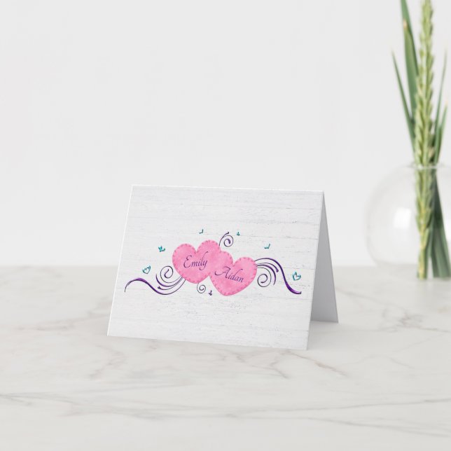 Carte De Remerciements Coeurs roses sur bois blanchi à la chaux (Devant)
