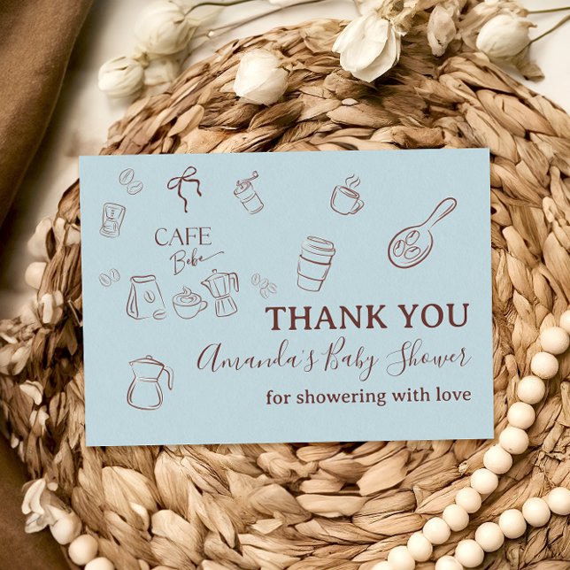 Carte De Remerciements Coffee Theme Boy Blue Bow Cafe Bebe Baby Shower (Créateur téléchargé)