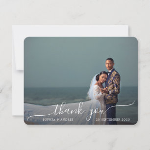 Carte De Remerciements Coin rond moderne script photo Mariage frontalier
