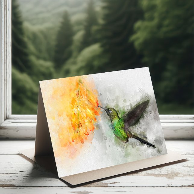 Carte De Remerciements Colibri volant avec fleur Aquarelle - 02 (Créateur téléchargé)