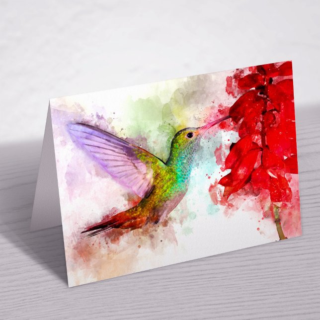 Carte De Remerciements Colibri volant avec fleur Aquarelle - 03 (Créateur téléchargé)