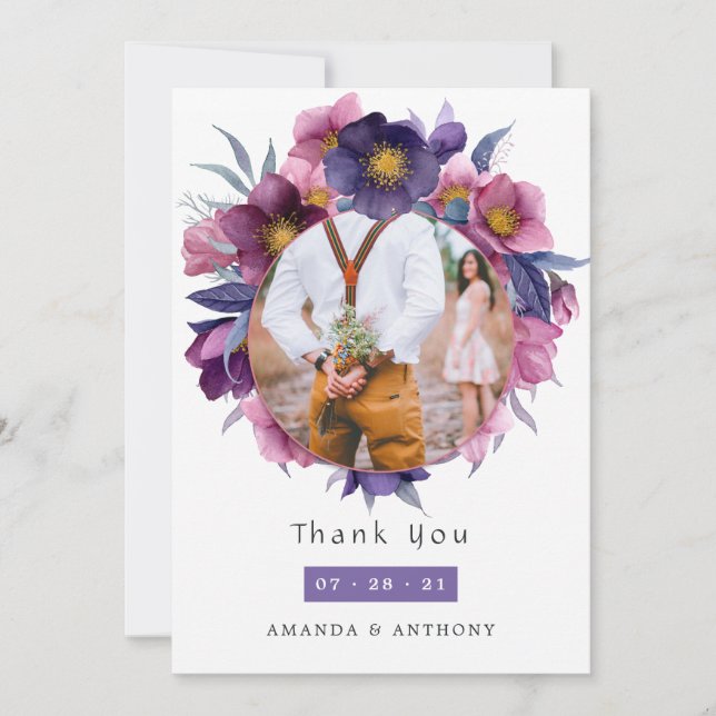 Carte De Remerciements Collage de mariage floral aquarelle Violet Plum (Devant)