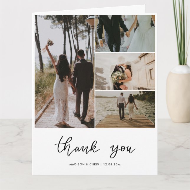Carte De Remerciements Collage de photos de mariage à l'écriture moderne  (Devant)