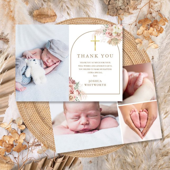 Carte De Remerciements Collage de photos florales d'herbe des Pampas Bapt (Pampas Grass Floral Photo Collage Baptism Thank You Card)