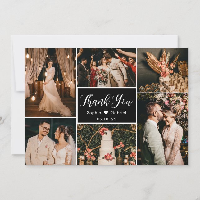 Carte De Remerciements Collage de plusieurs photos de mariage élégant noi (Devant)