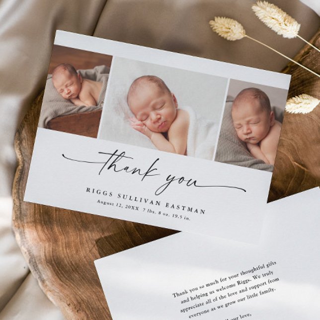 Carte De Remerciements Collage photo bébé écriture simple (Elegant modern script 3 photo collage baby thank you announcement card.)