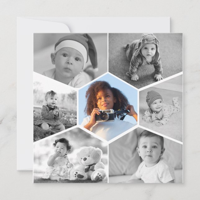 Carte De Remerciements Collage photo Hexagon noir et blanc (Devant)