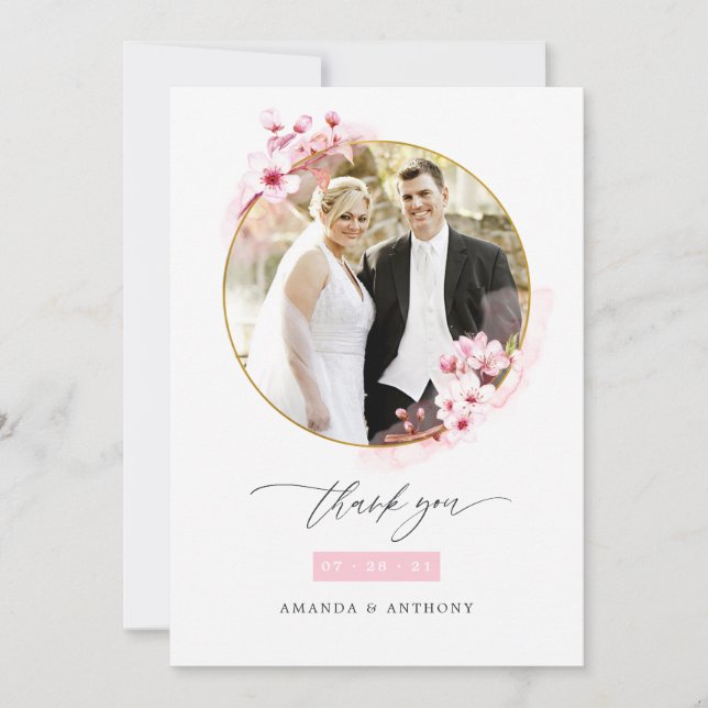 Carte De Remerciements Collage photo Mariage de fleurs de cerisiers rose (Devant)