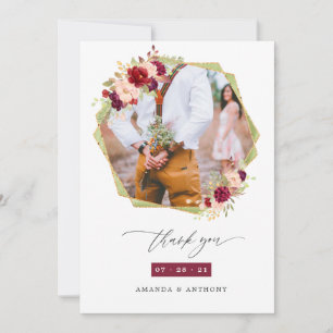 Carte De Remerciements Collage photo Mariage géométrique Bourgogne et ble