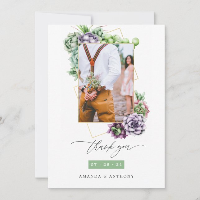 Carte De Remerciements Collage photo Mariage géométrique Succulents (Devant)