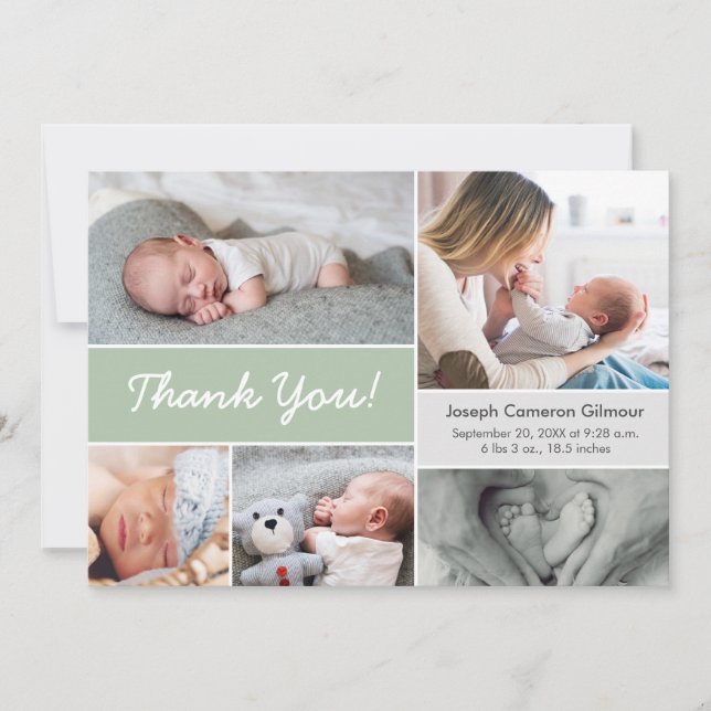 Carte De Remerciements Collage photo personnalisé doux vert bébé garçon n (Devant)