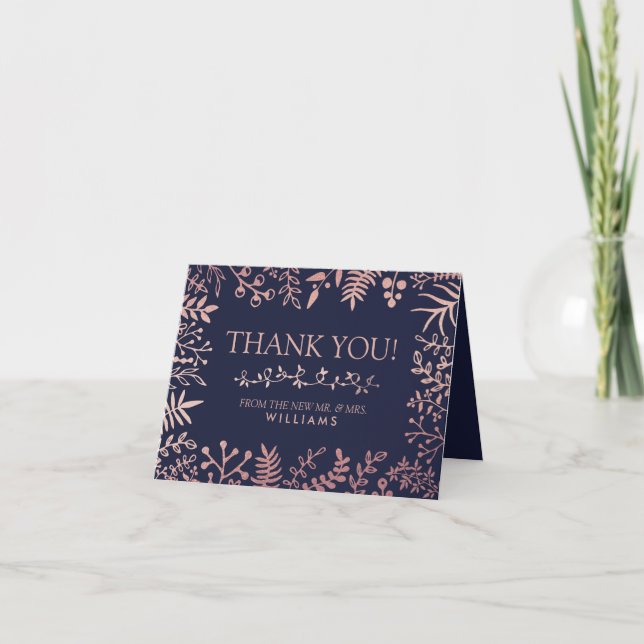 Carte De Remerciements Collection de mariage florale élégante Navy & Rose (Devant)