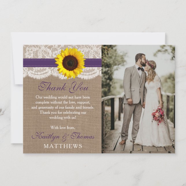 Carte De Remerciements Collection de Mariages de tournesol rustique - vio (Devant)