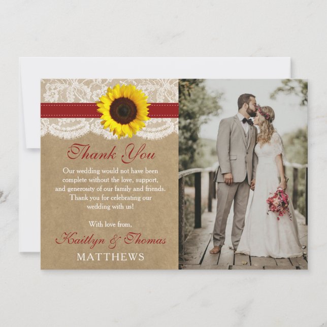 Carte De Remerciements Collection Rustique de Mariages de tournesol Kraft (Devant)