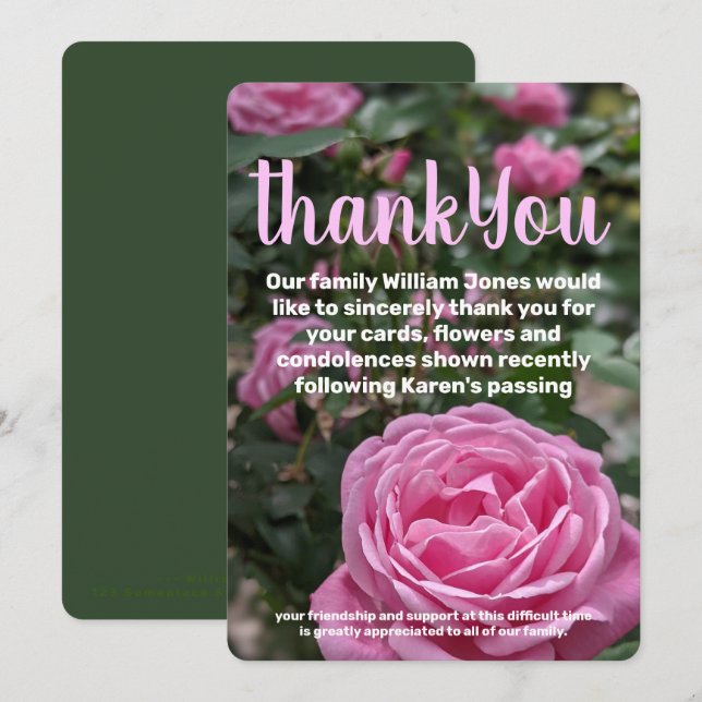 Carte de remerciements commémoratif de Roses roses (Devant / Derrière)