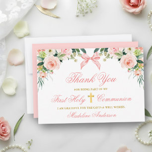 Carte De Remerciements Communion Or Bow Floral Roseau Aquarelle Or