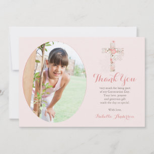 Carte De Remerciements Communion Photo rose rousse Floral Cross Girl