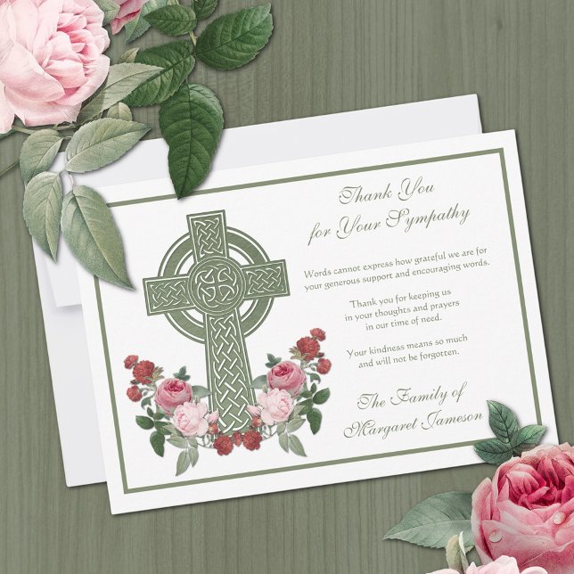 Carte De Remerciements Condolence religieuse catholique de la Croix Rose (Celtic Irish Cross with roses funeral condolence thank you card)