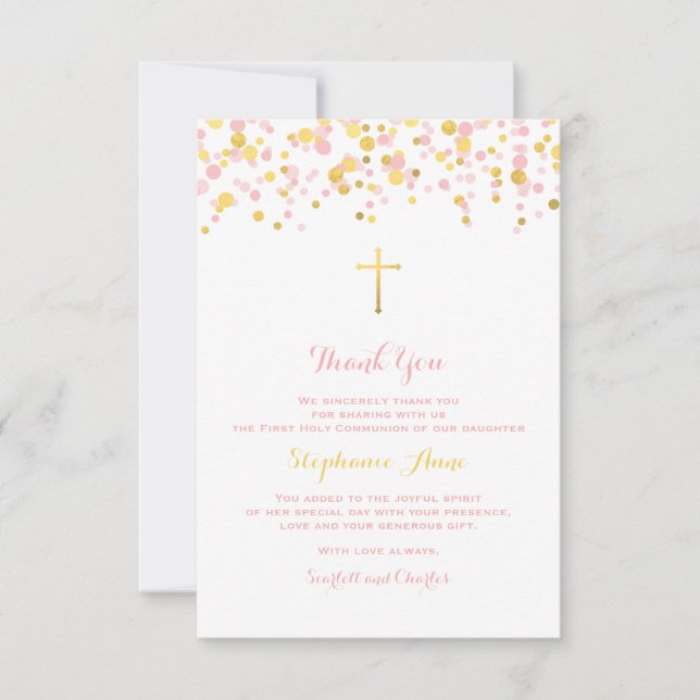 Carte De Remerciements Confetti de communion rose et or (Devant)