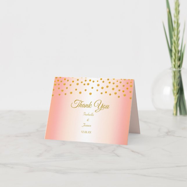 Carte De Remerciements Confetti d'or sur Rose Mariage d'or (Devant)