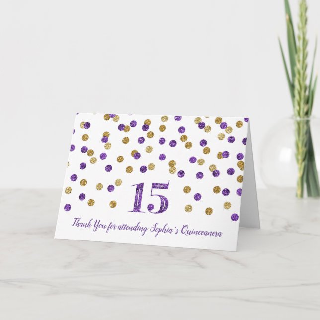 Carte De Remerciements Confetti Quinceañera en or violet (Devant)