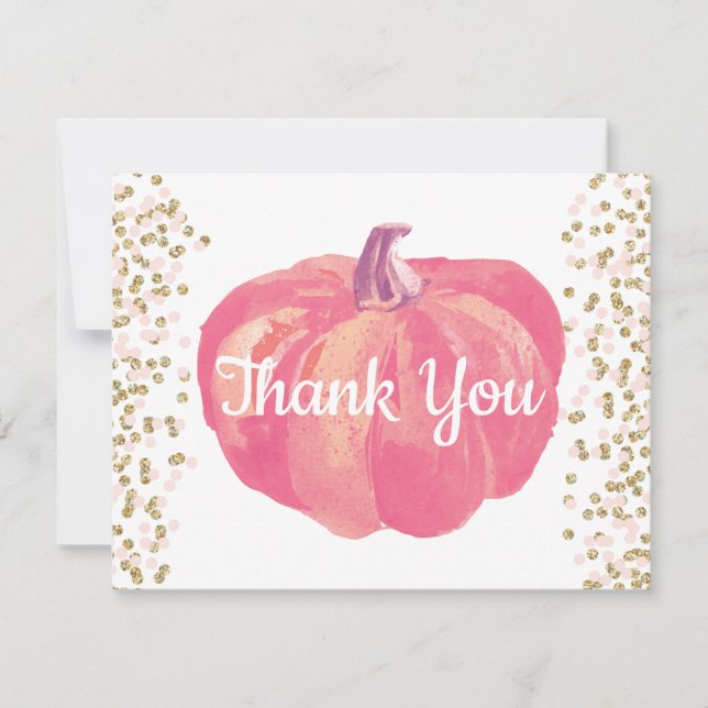 Carte De Remerciements Confettis de citrouille d'automne rose et or (Devant)